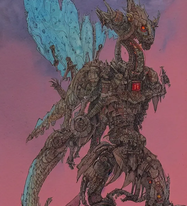 Image similar to a watercolor ink painting of a post - apocalyptic cyborg dragon in the style of jean giraud in the style of moebius trending on artstation deviantart pinterest detailed realistic hd 8 k high resolution
