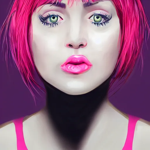 Image similar to portrait of a young woman with short pink spiky hair, and dark eyes 8 k, digital paint