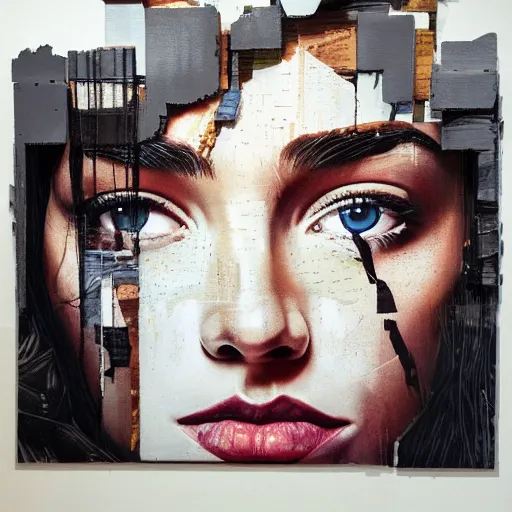 Image similar to by sandra chevrier chestnut, slate grey hyperdetailed. a installation art of a beautiful gal gadot seated at a window, looking out at the viewer with a serene expression on her face. the light from the window illuminates her features & creates a warm, inviting atmosphere. the essence of beauty & tranquility.