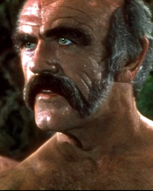 Prompt: an extremely detailed crispy clean 8 k photo ultra detailed of zardoz sean connery as a zombie he has all glossy red eyes