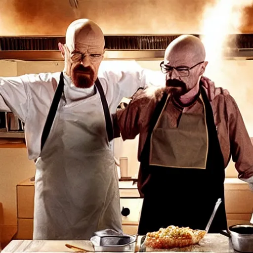 Image similar to walter white and jesus cooking together in a restaurant