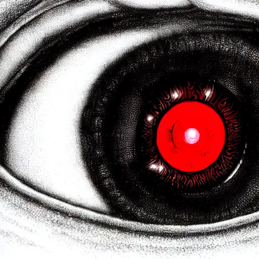 Image similar to a detailed extremely close up of inside the iris, cornea, red image, microscopic, extremely close up drawing by junji ito, cgsociety, generative art, lovecraftian, parallax, cosmic horror, extremely detailed, hyperrealism, unreal engine, octane render, award winning, masterpiece, highly detailed, realistic, 4 k, digital