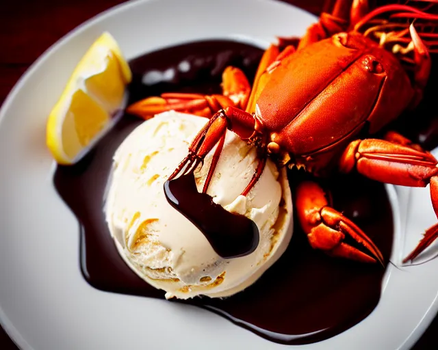 Image similar to dslr food photograph of a plate of lots of vanilla ice cream and a crawfish, some chocolate sauce, 8 5 mm f 1. 4