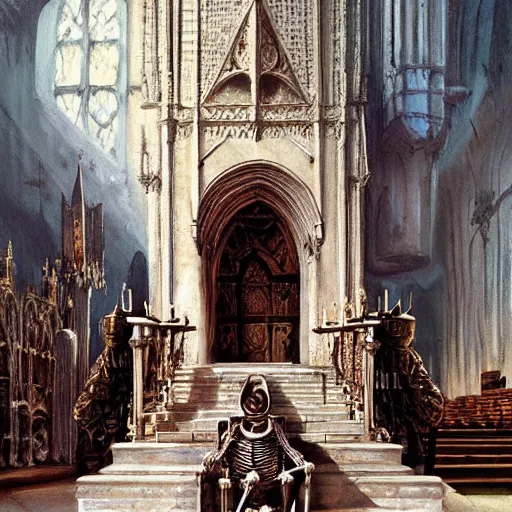 Prompt: Human skeleton, skeleton knight, wearing bandages, majesty in noble clothes, king resting on a throne inside a cathedral, old castle, oil painting, by Fernanda Suarez and Greg Rutkowski