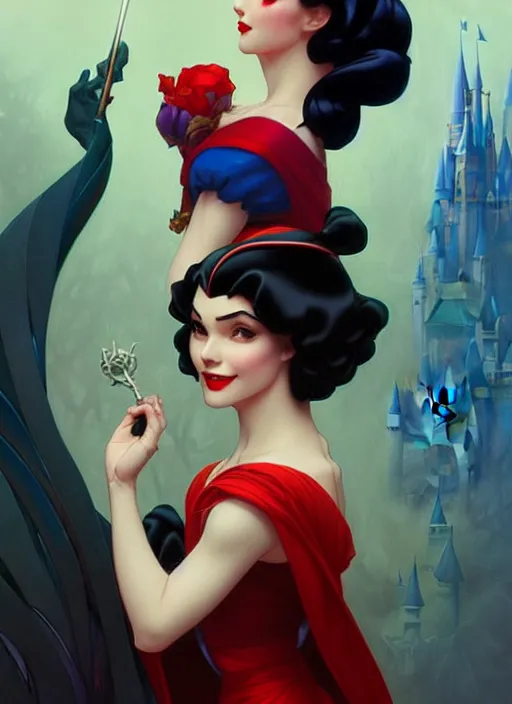 Prompt: disney snow white as a villain, intricate, elegant, highly detailed, my rendition, digital painting, artstation, concept art, smooth, sharp focus, illustration, art by artgerm and greg rutkowski and alphonse mucha and uang guangjian and gil elvgren and sachin teng, symmetry!!