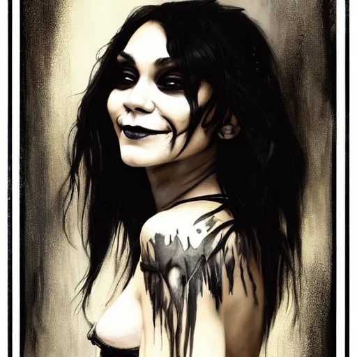 Image similar to beautiful portrait of vanessa hudgens as death from sandman, smiling, by cedric peyravernay, alphonse mucha, by jeremy mann, by lecouffe deharme, goth chic, soft lightning, eyeliner, punk rock, high detailed, 8 k