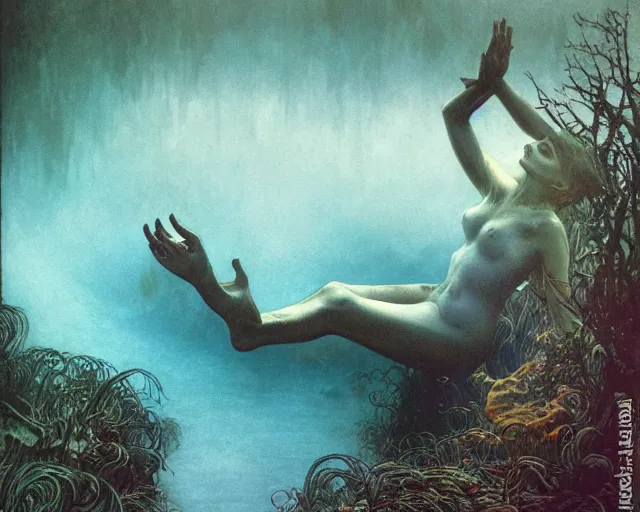 Image similar to the last sight before death by drowning, underwater scene, painted by zdzislaw beksinski and artgerm and greg rutkowski and alphonse mucha and rene laloux