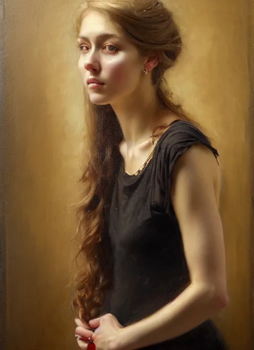 Prompt: painting of a gorgeous young woman in the style of Helene Knoop, realistic, sharp focus, 8k high definition, insanely detailed, intricate, elegant, art by Helene Knoop and Wadim Kashin