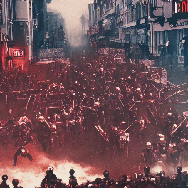 Prompt: A photo of a riot, 8K concept art, shot on Kodak Ektar, red, menacing