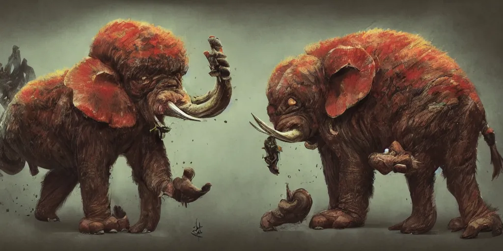 Image similar to Fungi Gorilla Elephant creature character design sheet, Monster Hunter Illustrations art book, Bright colored accent on its fur, claws, muscular, spores, Moebius, Greg Rutkowski, Zabrocki, Karlkka, Jayison Devadas, Phuoc Quan, trending on Artstation, 8K, ultra wide angle, zenith view, pincushion lens effect.