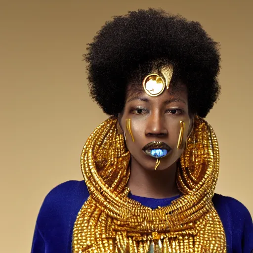 Prompt: afrofuturist woman with gold jewelry