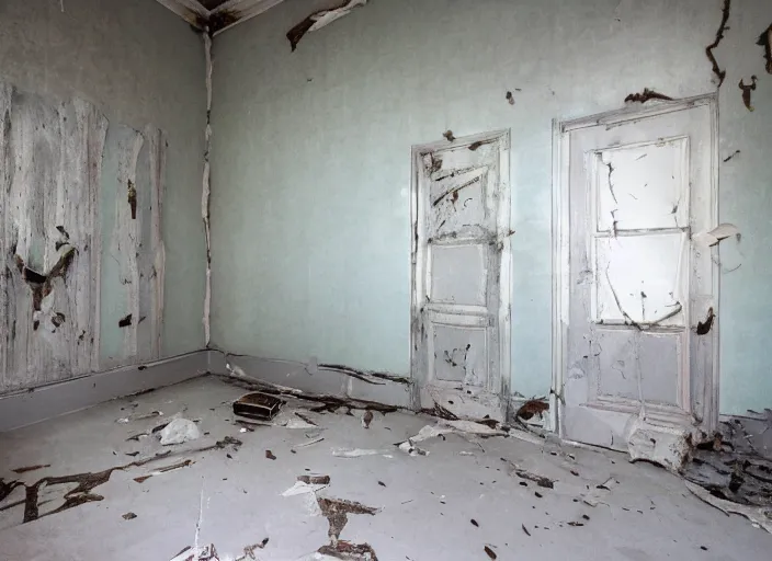 Prompt: A terrifying room, haunted, a disturbing room, paint peeling of the walls