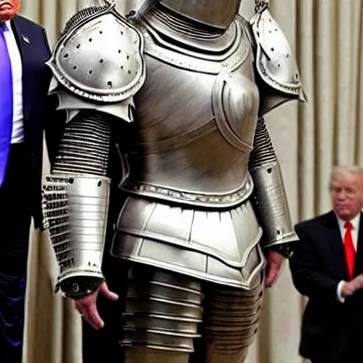 Image similar to full - body - front - shot!!!!!!!, donald trump wearing knight'armor, crown, detailed face!!!!!! of donald trump