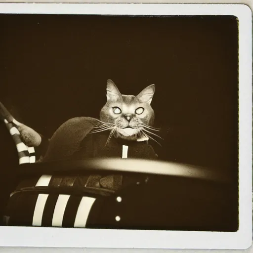 Image similar to black cat in a rollercoaster. the cat is looking excited. polaroid. sepia.