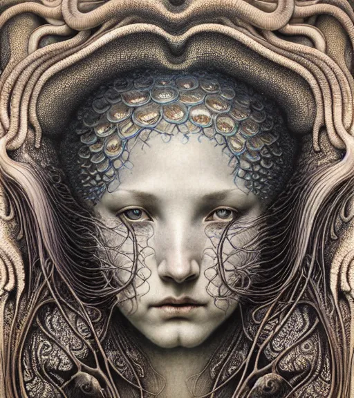 Prompt: detailed realistic beautiful tidepool goddess face portrait by jean delville, gustave dore, iris van herpen and marco mazzoni, art forms of nature by ernst haeckel, art nouveau, symbolist, visionary, gothic, neo - gothic, pre - raphaelite, fractal lace, intricate alien botanicals, ai biodiversity, surreality, hyperdetailed ultrasharp octane render