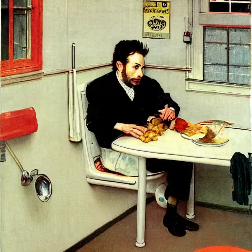 Prompt: Charlie Day eating sushi out of a white toilet bowl, Norman Rockwell,