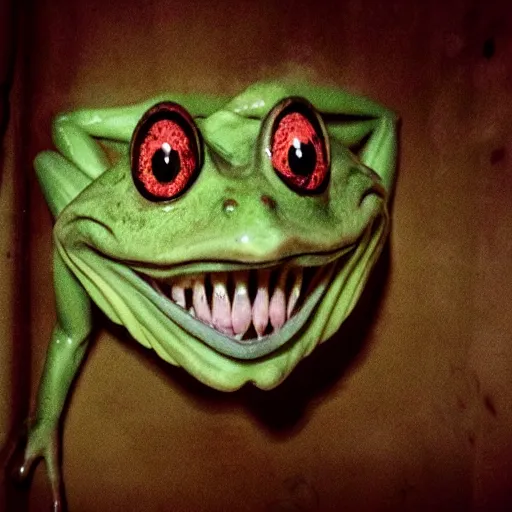 Prompt: frog face in creepy scary nightmare atmosphere, realsitic