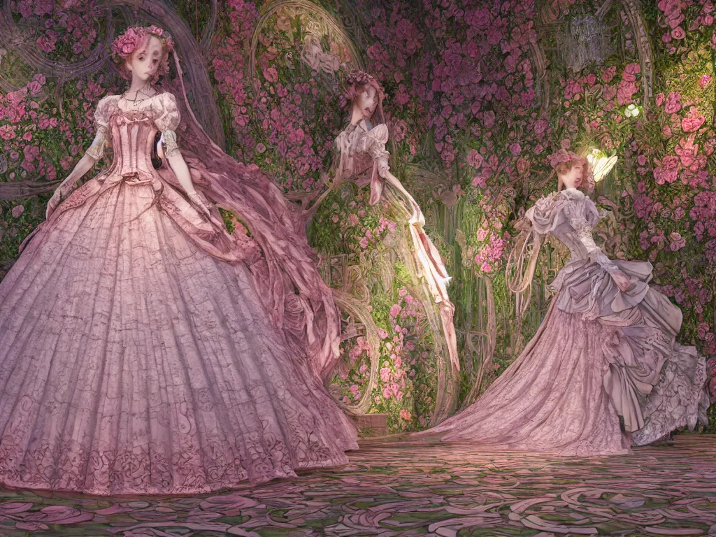 Prompt: the beautiful hyperdetailed physical rendering of rose flower wedding gothic lolita dress clothing design display in stay in bloom,, perfectly shaded, atmospheric lighting, in the style of louis comfort tiffany, makoto shinkai, raphael lacoste louis comfort tiffany, artgerm, karol bak, james jean, ross tran, 8 k hd, fine texture structure, 3 drender,