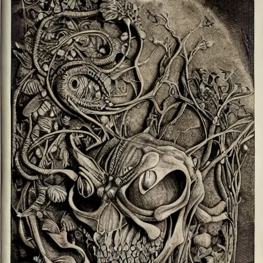 Image similar to a frog by arthur rackham, art forms of nature by ernst haeckel, exquisitely detailed, art nouveau, gothic, ornately carved beautiful skull dominant, intricately carved antique bone, art nouveau botanicals, ornamental bone carvings, art forms of nature by ernst haeckel, horizontal symmetry, arthur rackham, ernst haeckel, symbolist, visionary