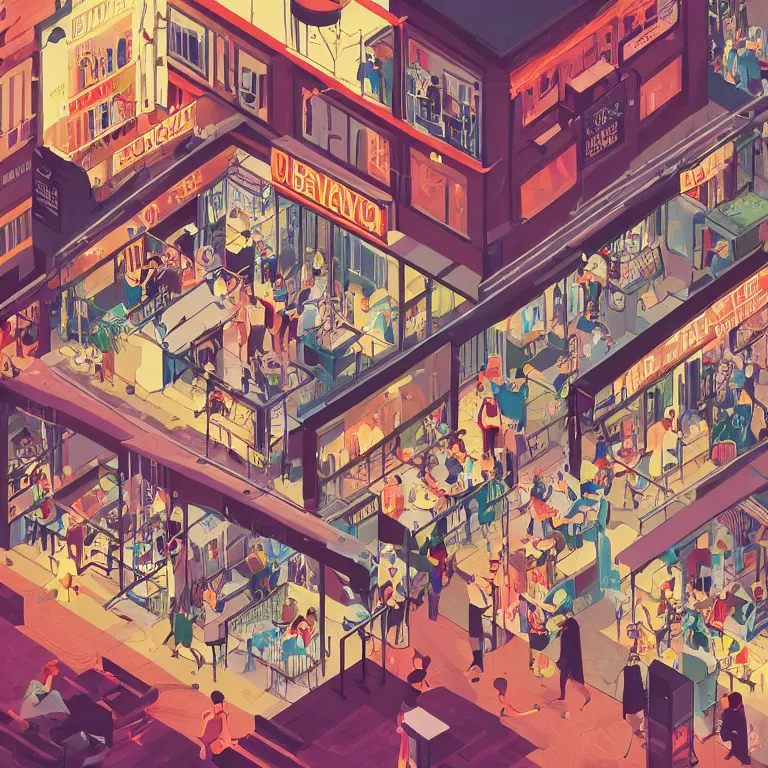 Prompt: isometric view illustration of a very lively bar neighborhood , highly detailed, end of the day, by Victo Ngai and James Gilleard