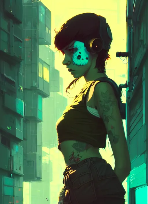 Prompt: highly detailed portrait of a moody post - cyberpunk young adult lady by atey ghailan, by greg rutkowski, by greg, tocchini, by james gilleard, by joe fenton, by kaethe butcher, gradient yellow, black, brown and cyan color scheme, grunge aesthetic!!! ( ( graffiti tag city background ) )