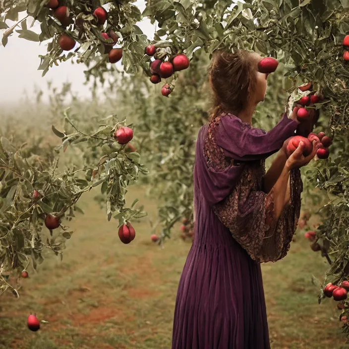 Prompt: a closeup portrait of a woman wearing a dress made of iridescent twine and ribbon, picking pomegranates from a tree in an orchard, foggy, moody, photograph, by vincent desiderio, canon eos c 3 0 0, ƒ 1. 8, 3 5 mm, 8 k, medium - format print