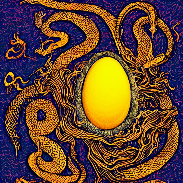 Image similar to a golden egg cracking open with a many headed serpent rising out, occult aesthetics alchemy, award winning art, chromatic aberration