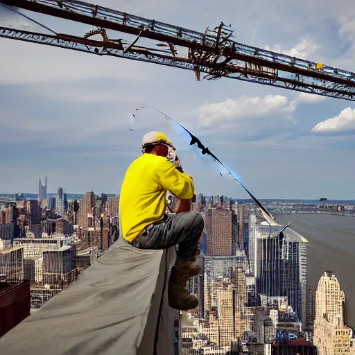 Prompt: a construction worker with a fishing rod sitting on a metal beam high over new york city, photography