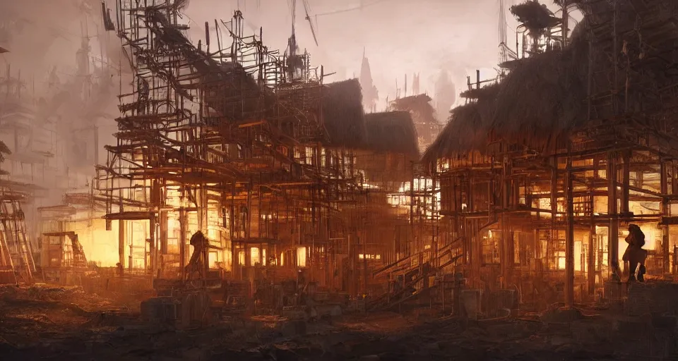 Image similar to book illustration of small wooden village under construction. Wooden scaffolding and workers. Atmospheric beautiful by Eddie mendoza and Craig Mullins. volumetric lights