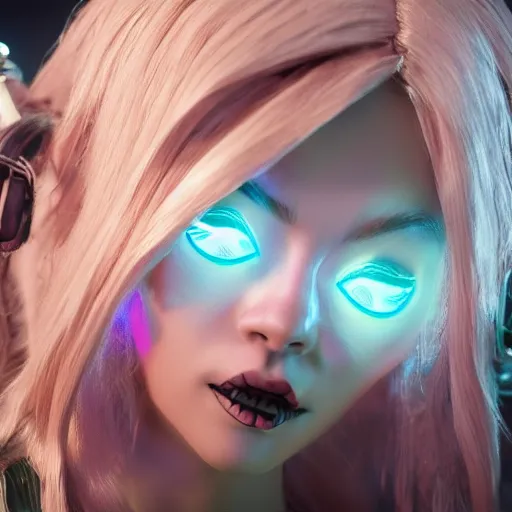 Image similar to still of pretty KDA More Lux (wild rift) close up in a music video. 3d render, octane render, game art, realistic, highly detailed, trending on artstation, 4k, trending on artstation, cgsociety, unreal engine 5, redshift render, trending on artstation, blender, behance, cg