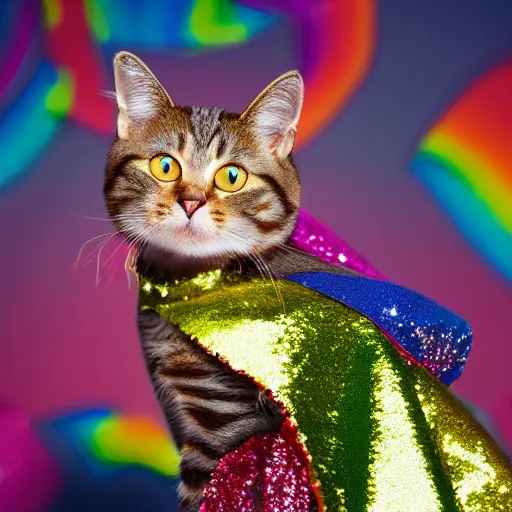 Image similar to a high - quality photo of a cat wearing a sequined designer cape, hyperrealistic, textured, animal portrait, dark rainbow, bokeh, f 2. 8