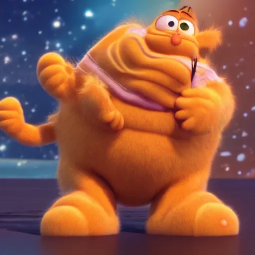 Prompt: garfield is he were saturn, space, stars, hair physics, blender render, pixar, disney, unreal engine 5, nvidia hair,