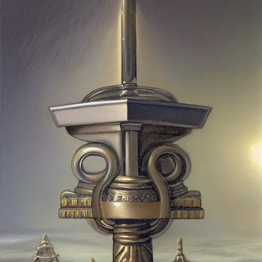 Image similar to in the center lays an ancient chromed artifact in the shape of a heavy ring seen from across the room, ornate with gentle shine from within. the ring lays on display on top of a marbled pedestal. the pedestal is in front of a dark misty balcony at night. beautiful lighting. dark moody fantasy art, realistic still life renaissance pastel painting.