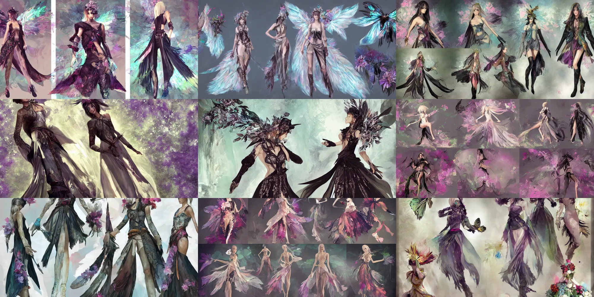 Prompt: Painterly character concept and fashion spot illustrations from the Final Fantasy 12 and Assassin's Creed Black Flag crossover, full-body, dynamic poses, diaphanous iridescent silks, butterflies, leaves and flower petals and flowers, bloom, god rays, cinematic lighting, intricate crystalline and feather jewelry, ornate, filigree, arcane, mystical, glowing dust, by Artgerm, by Sakimichan, by WLOP, by Norman Rockwell, by Alphonse Mucha, by James Gurney, by Bouguereau, by Rubens, fantasy, portfolio illustration, highly detailed, trending on Artstation, CGsociety, rendered in Octane, rendered in Arnold, HQ, 8k, 35mm lens, f2.8, Bokeh,