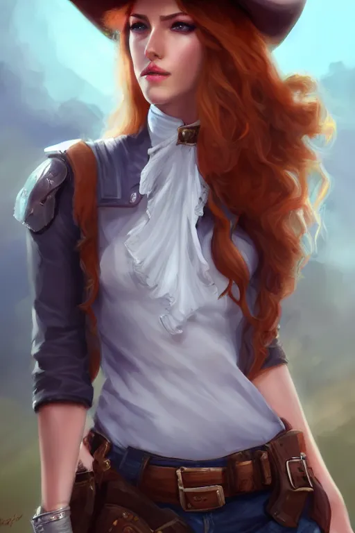 Prompt: full body, katherine mcnamara cowgirl, perfect face, white blouse, holster, 8 k, magic the gathering, desert, d & d, artstation, high detail, smooth, sweaty character concepts by senior concept artist