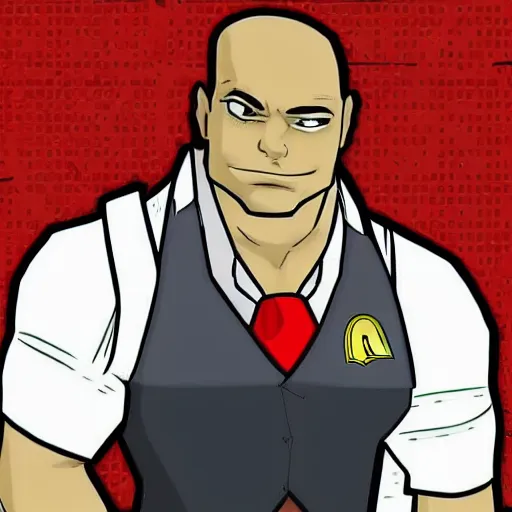 Image similar to senator steven armstrong from revengeance!!! working as a mcdonald's cashier, extreme muscles, nanomachines