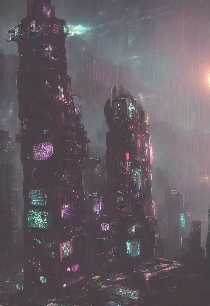 Image similar to a tarot card of the tower, cyberpunk themed art, concept art