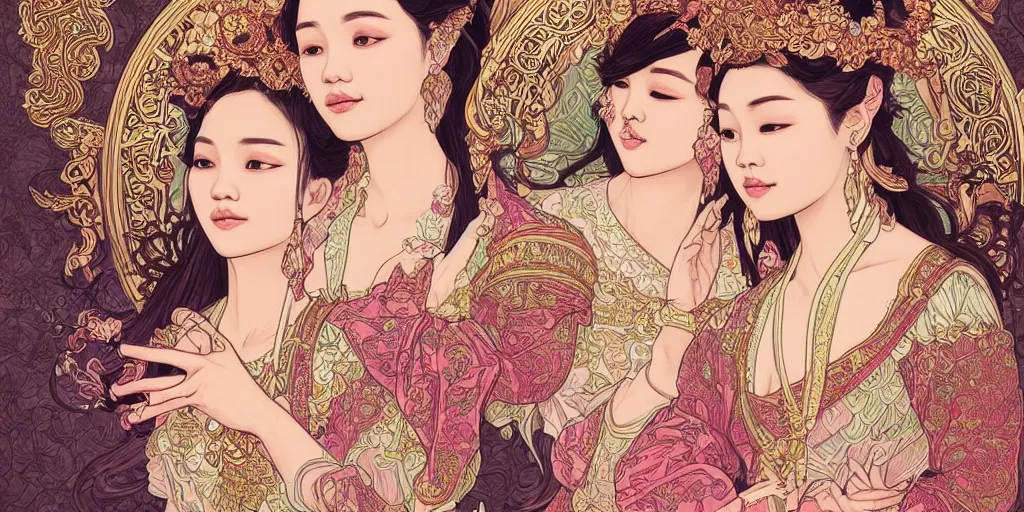 Prompt: beautiful and detailed digital illustration of a twin thai princesses by kittichai rueangchaichan, floralpunk, Artstation, art nouveau aesthetic, Alphonse Mucha background, intricate details,concept art, realistic, dramatic, detailed intricate ink illustration, heavenly atmosphere