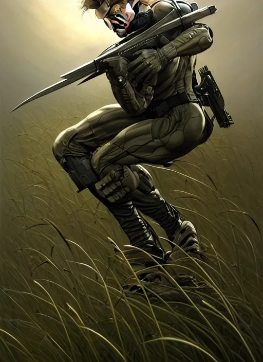 Prompt: metal gear solid snake prone in an open field, intricate, elegant, highly detailed, centered, digital painting, artstation, concept art, smooth, sharp focus, illustration, artgerm, tomasz alen kopera, peter mohrbacher, donato giancola, joseph christian leyendecker, wlop, boris vallejo