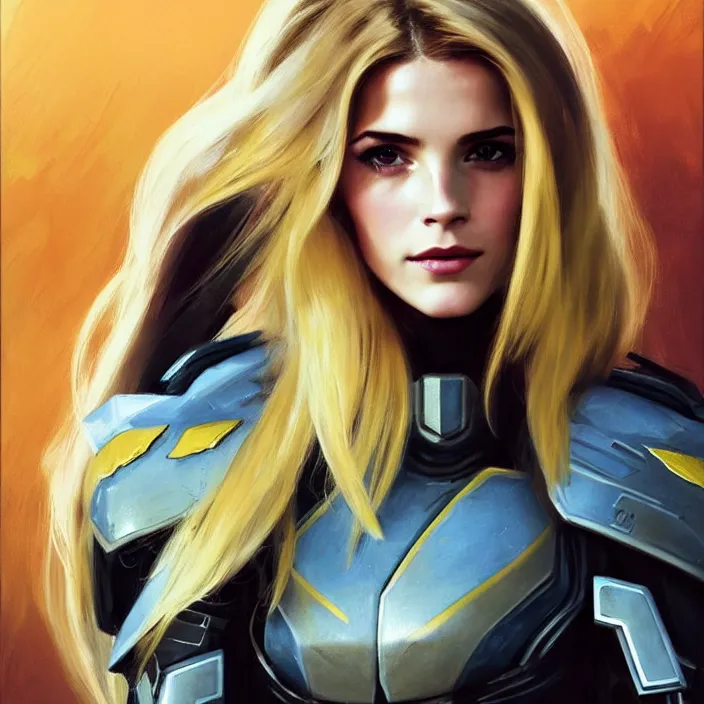 Image similar to portrait of a combination of Ashley Greene, Adriana Dxim, Grace Kelly and Emma Watson with blonde hair wearing Interceptor's armor from Anthem, countryside, calm, fantasy character portrait, dynamic pose, above view, sunny day, thunder clouds in the sky, artwork by Jeremy Lipkin and Giuseppe Dangelico Pino and Michael Garmash and Rob Rey and Greg Manchess and Huang Guangjian, very coherent asymmetrical artwork, sharp edges, perfect face, simple form, 100mm