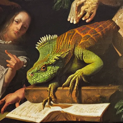 Image similar to iguana drinking tequila, baroque painting