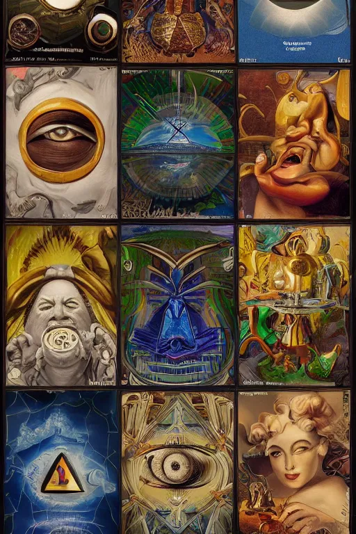 Image similar to full set of illuminati cards in the style of salvador dali, hyper - realistic, highly detailed, intricate detail, depth of field, high definition, 8 k, octane render, artstation