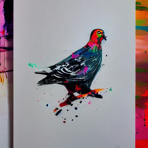 Image similar to aggressive pigeon, painted by Conrad Roset, detailed brushstrokes