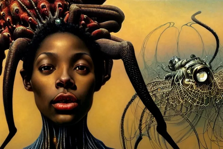 Image similar to realistic detailed portrait movie shot of a beautiful black woman riding a giant spider, dystopian city landscape background by denis villeneuve, amano, yves tanguy, alphonse mucha, max ernst, ernst haeckel, kehinde wiley, caravaggio, jean delville, david lynch, roger dean, cyber necklace, rich moody colours, sci fi patterns, dramatic, wide angle