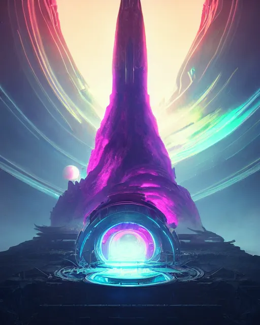 Prompt: spiral alien temple, beautiful landscape, nier automata, protoss!!, machine planet, glass obelisks!!, glow, mothership in the sky, pink sun, tropical forest, colorful light, advanced technology, cinematic lighting, mysterious, epic scale, highly detailed, masterpiece, art by bastien grivet and darwin cellis and jan urschel