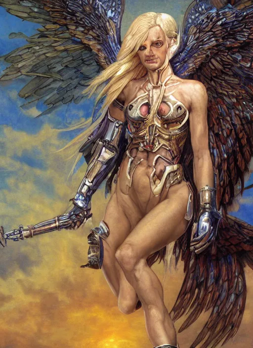 Image similar to biblical diabolical beautiful female valkyree android, on a pegasus, jump, heavy eyes to the side, closeup, bright glowing veins, in clouds, rain, sunset, portrait, by gerald brom, by mikhail vrubel, by peter elson, muted colors, extreme detail, reflections, trending on artstation, 8 k