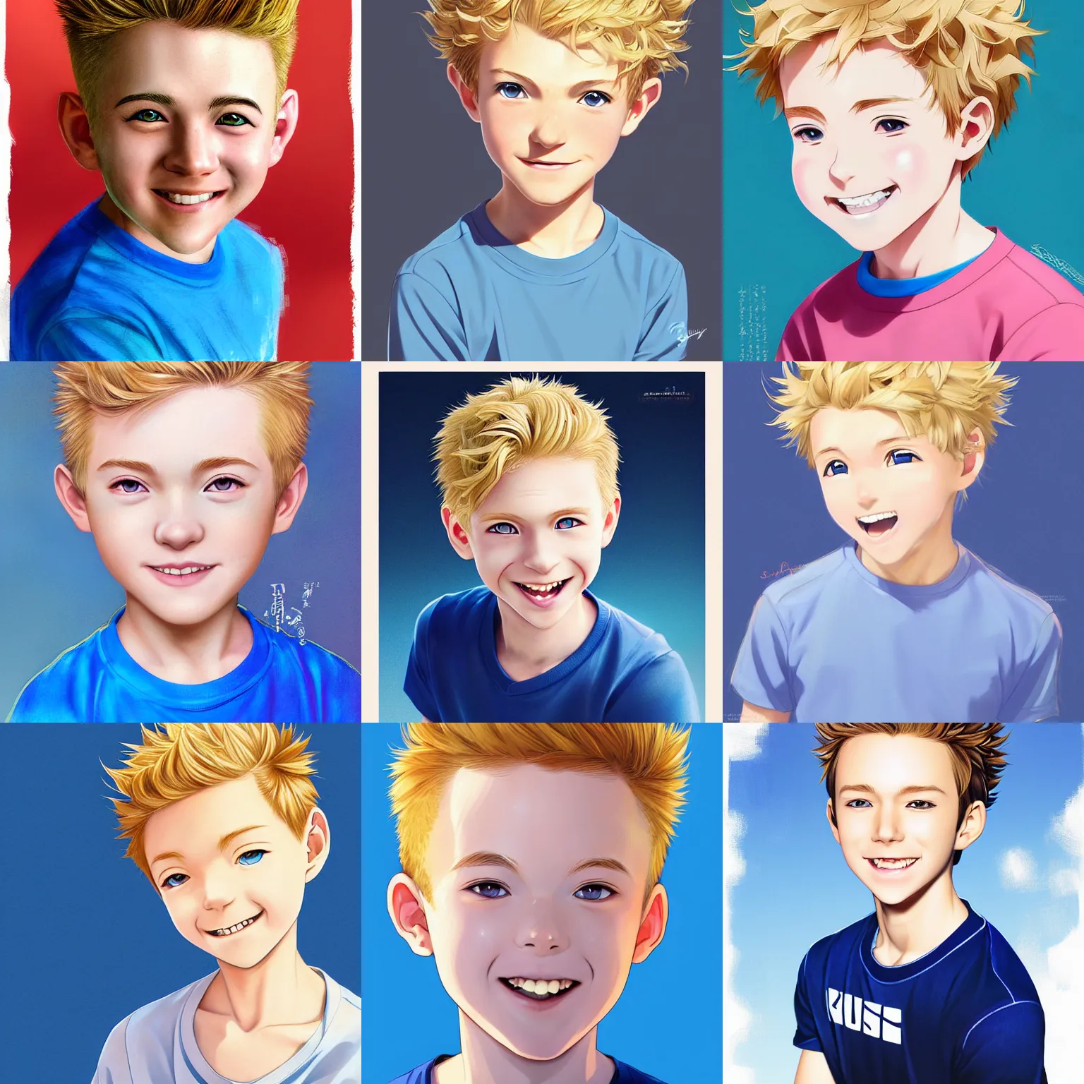 Prompt: A medium shot anime portrait of a young smiling anime boy with very short curly blonde hair and blue eyes, buzzed sides, rosy cheeks, blue-eyed, very young child, medium shot portrait, his whole head fits in the frame, solid color background, digital drawing by Stanley Artgerm Lau, WLOP, Rossdraws, James Jean, Andrei Riabovitchev, Marc Simonetti, and Sakimi chan, trending on artstation