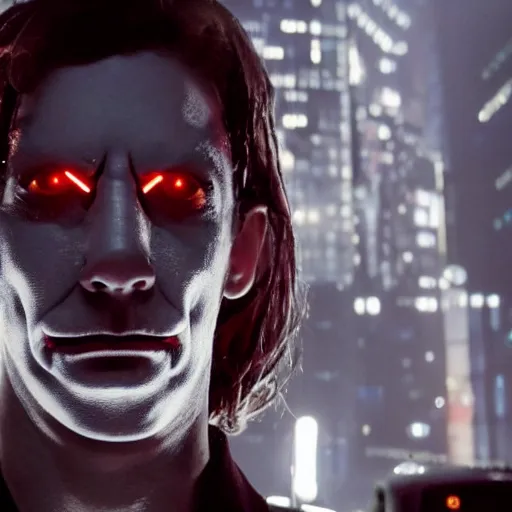 Image similar to movie still of a villain cyborg, facial expression, cinematic composition, cinematic light, surreal cinema, by edgar wright and david lynch,