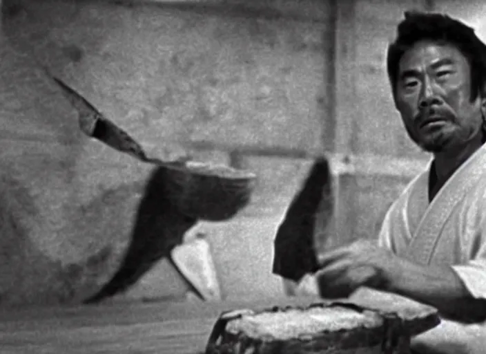 Image similar to a movie still of a samurai slicing a loaf of bread, a movie by Akira Kurosawa