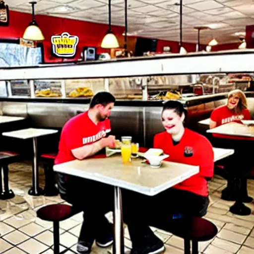 Image similar to busy wafflehouse interior with customers eating breakfast and wafflehouse employees serving food and cooking food behind countertop that has food on top of it